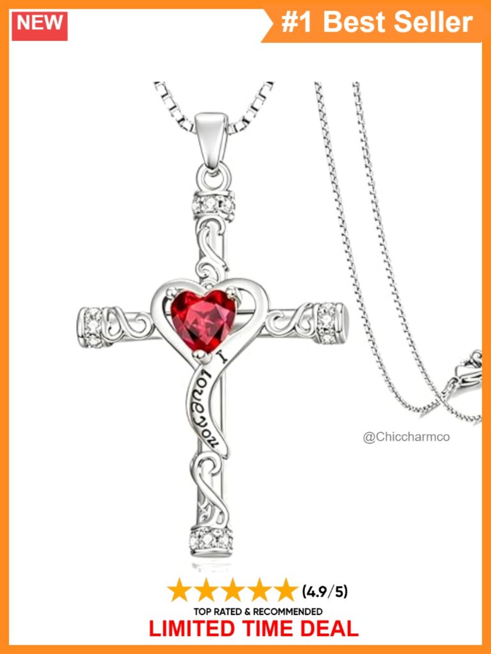 14K Gold Plated Heart Cross Birthstone Pendant Necklace for Women